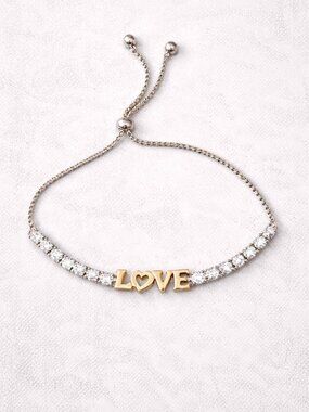 NWT Macy’s Adjustable “LOVE” Bracelet – Gold & Crystal Accent Tennis Style
